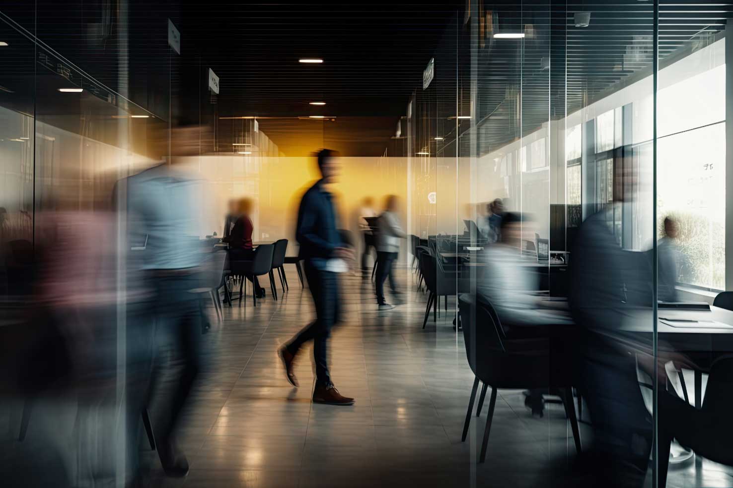 Blurred image of people walking and sitting in a modern office with glass walls and large windows.