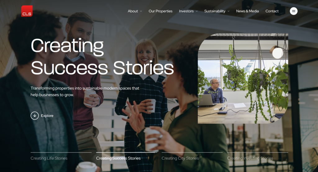 People talking in a modern office with "Creating Success Stories" text and a section showing a person working at a desk with plants.