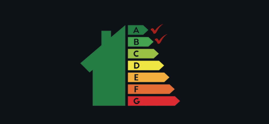 Energy efficiency rating chart shaped like a house, with color-coded bars from green (A) to red (G). Letters A and B are checked with red checkmarks.